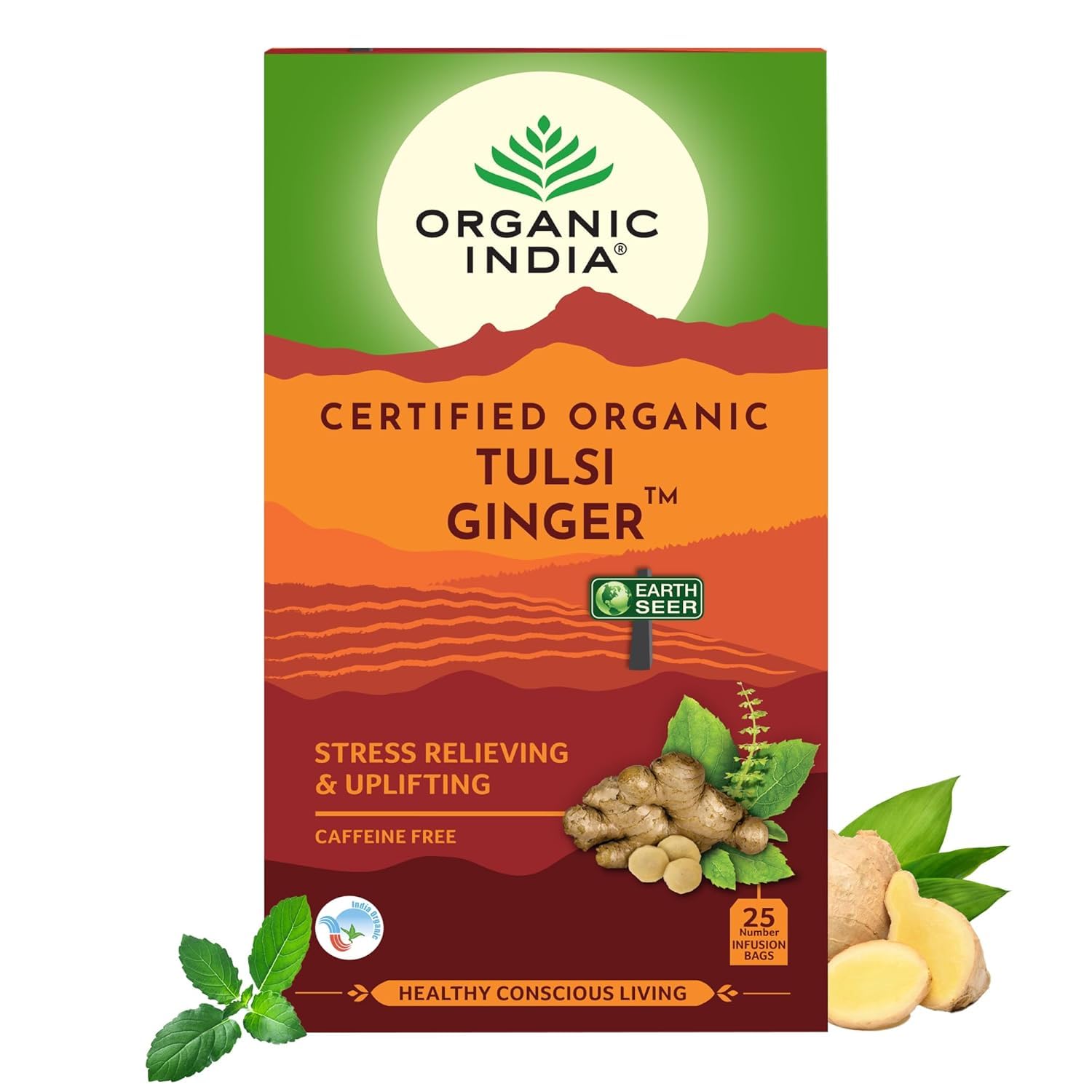 Organic India Tulsi Ginger Green Tea 25 Teabags,50 Teabgas & 100g Tin