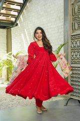 Bollywood Indian Pakistani Ethnic Party Wear Women Soft Pure Red 9mm Floral Georgette Anarkali Dupatta Suit Set Dress