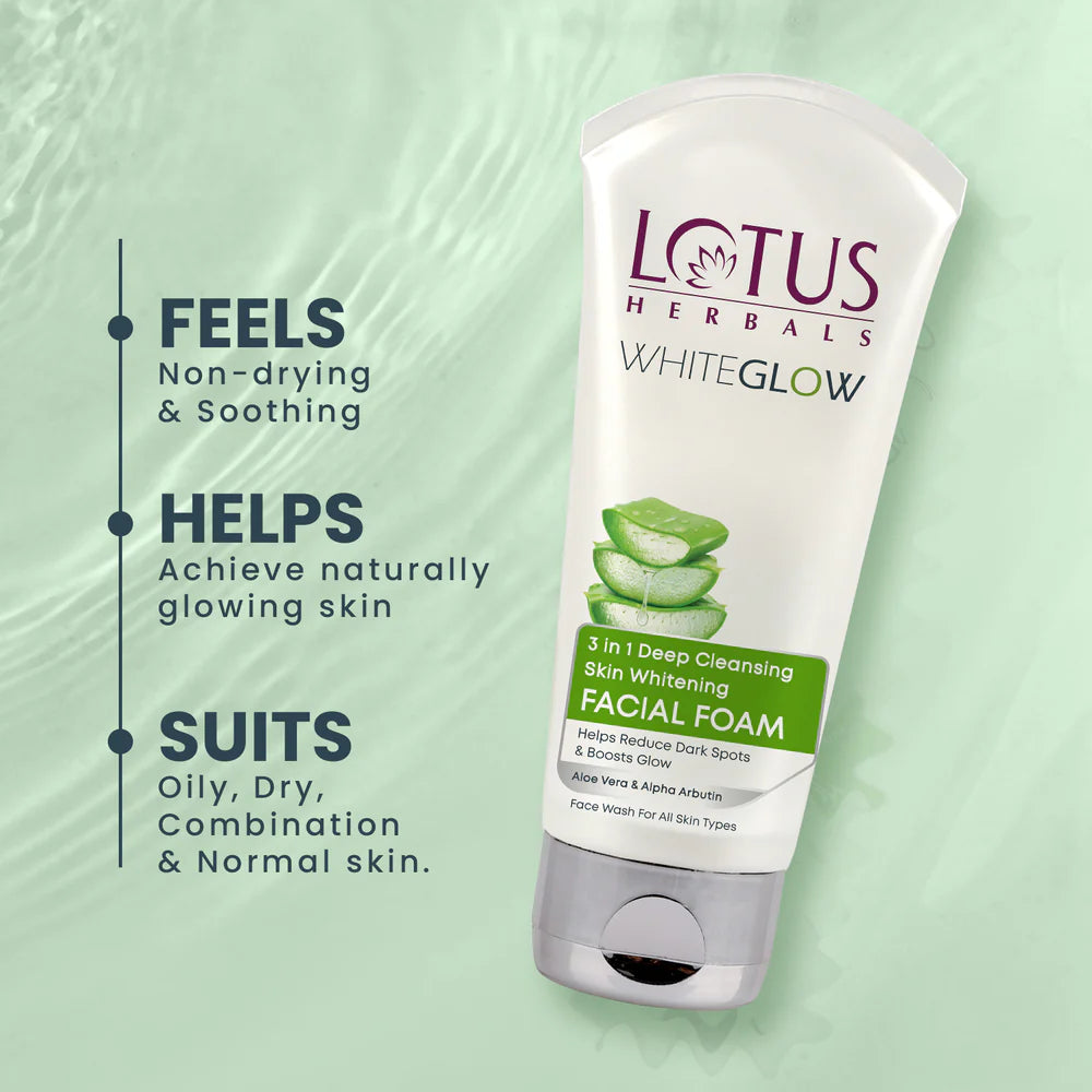 Lotus Herbals Cosmetics WhiteGlow 3 In 1 Deep Cleansing Skin Brightening Facial Foam Gel 100g