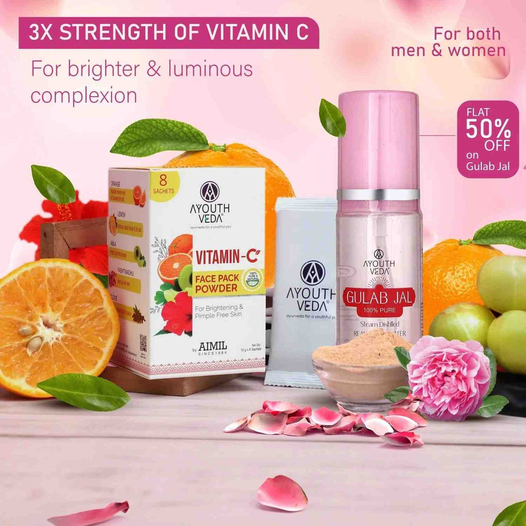 Aimil Ayouthveda Cosmetics Luminous Skin Combo Vitamin C Face Pack Powder 10g × 8 Gulab Jal 100ml