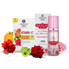 Aimil Ayouthveda Cosmetics Luminous Skin Combo Vitamin C Face Pack Powder 10g × 8 Gulab Jal 100ml