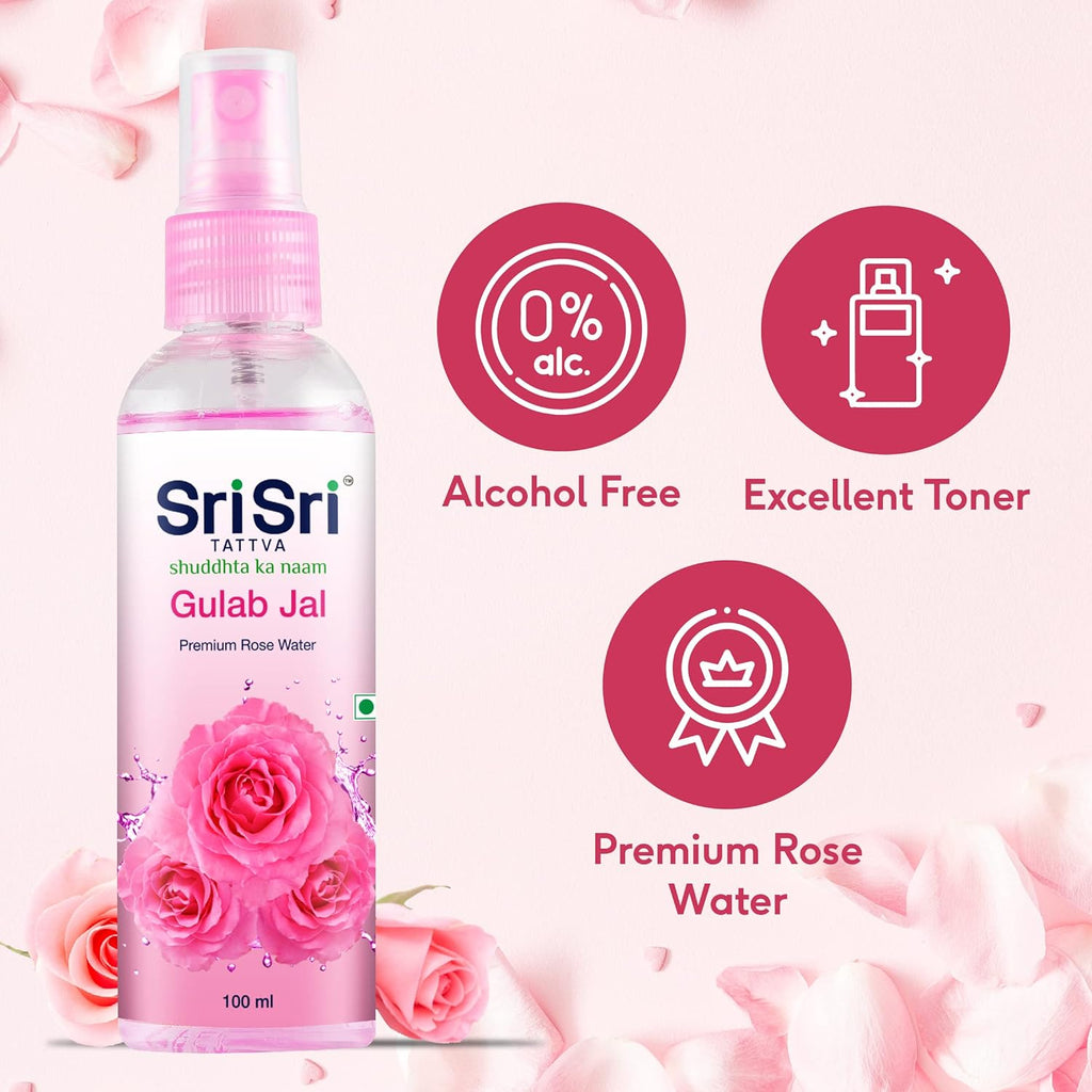 Sri Sri Tattva Gulab Jal reinigt und erfrischt die Haut, Premium-Rosenwasserspray, 100 ml