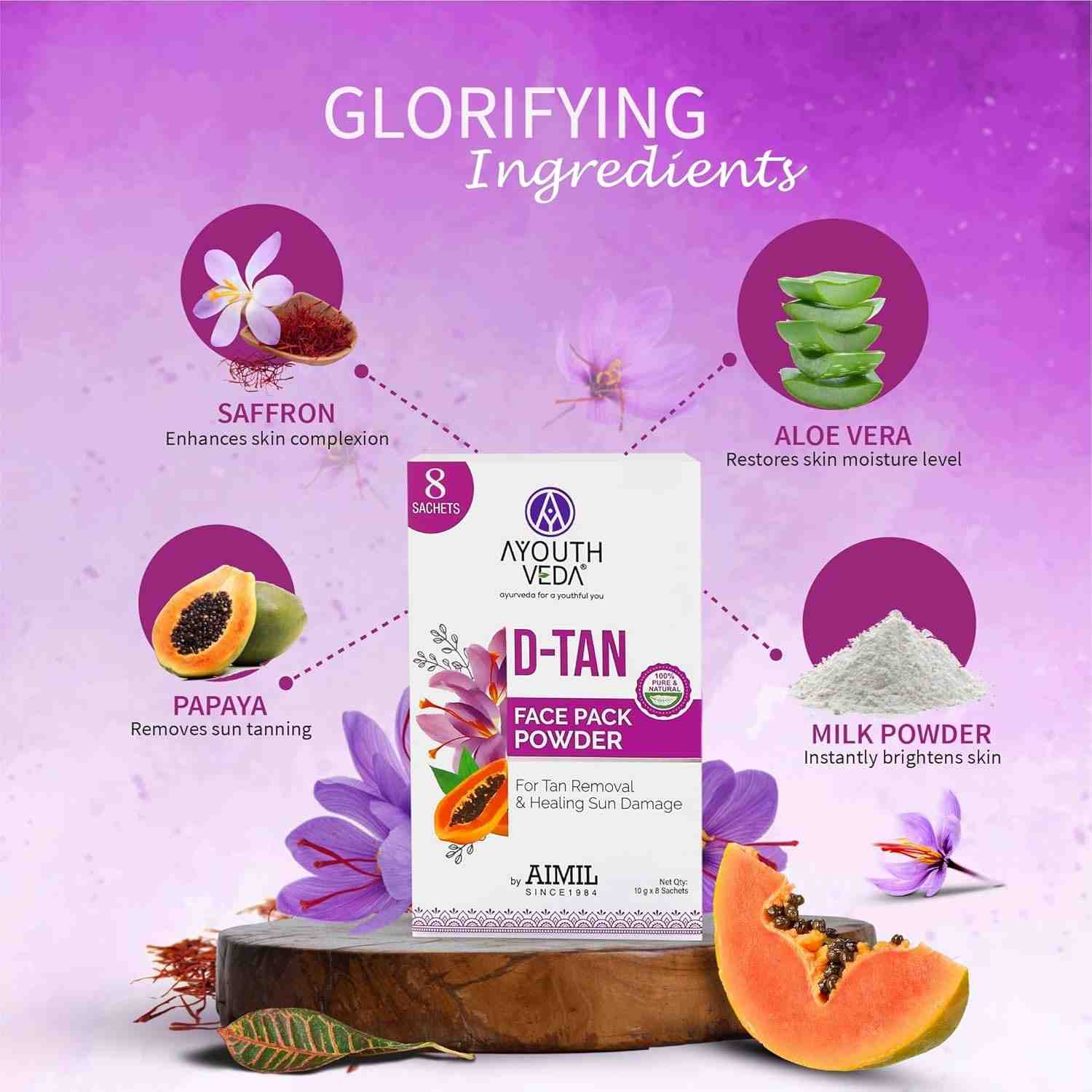 Aimil Ayouthveda Cosmetics D Tan Face Pack Powder 80gm (10gX8 Sachets)