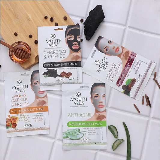 Aimil Ayouthveda Cosmetics Anti Acne,Charcoal Coffee,Oat Silk Honey & Licorice Mulberry Face Serum Sheet Mask 20g