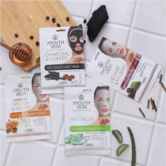 Aimil Ayouthveda Cosmetics Anti Acne,Charcoal Coffee,Oat Silk Honey & Licorice Mulberry Face Serum Sheet Mask 20g