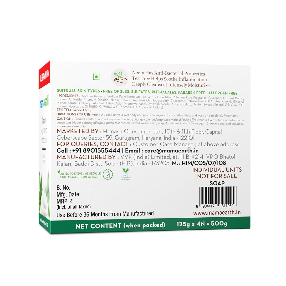 Mamaearth Neem Moisturizing Lotion Soap with Neem & Tea Tree 125g Pack Of 4