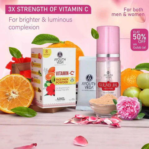 Aimil Ayouthveda Cosmetics Luminous Skin Combo Vitamin C Face Pack Powder 10g × 8 Gulab Jal 100ml