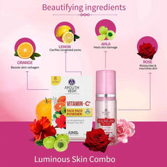 Aimil Ayouthveda Cosmetics Luminous Skin Combo Vitamin C Face Pack Powder 10g × 8 Gulab Jal 100ml