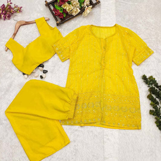 Bollywood Indian Pakistani Ethnic Party Wear Women Soft Pure Georgette Yellow Chikankari Perfect Jacket Sharara Set Dress