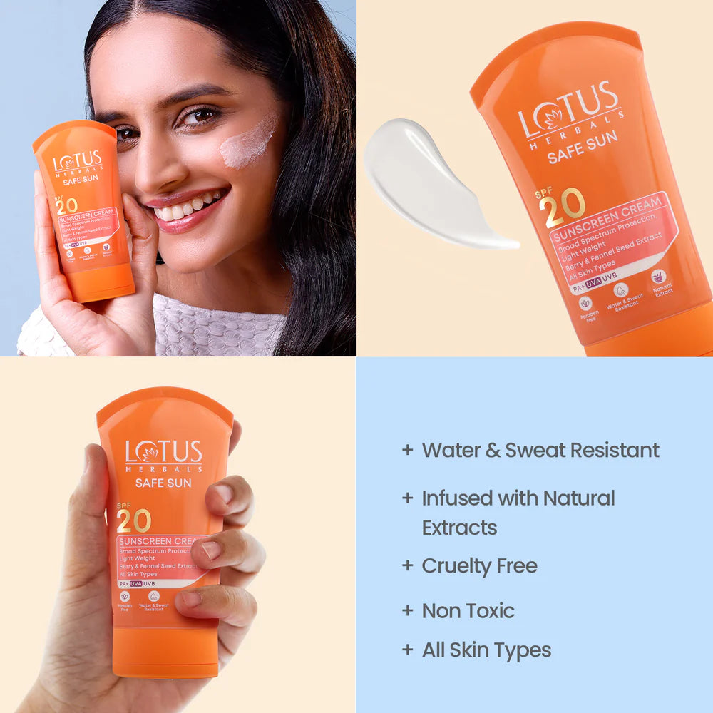 Lotus Herbals Cosmetics Safe Sun Sunscreen Cream SPF 20 PA+ 100g