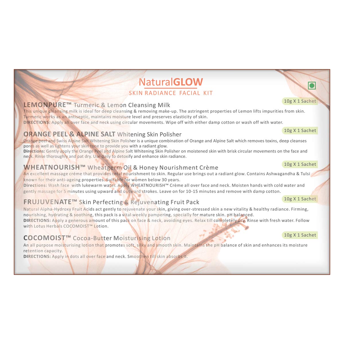 Lotus Herbals Cosmetics Natural Glow Skin Radiance Salon Grade Single Facial Kit