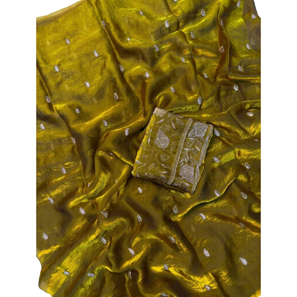 Shree Fendy Leaf Two-Tone Space Silk Partywear Saree with Handwork Blouse