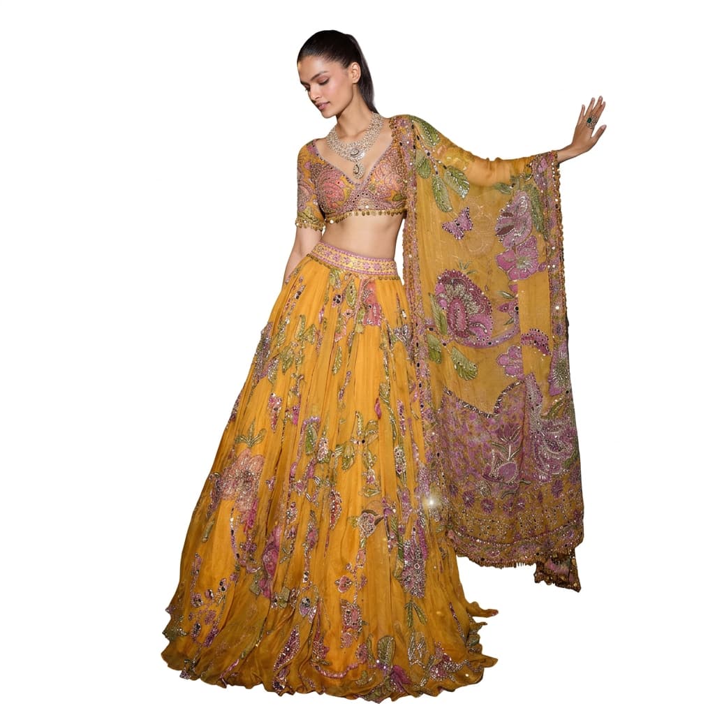 Yellow Taby Silk Lehenga Choli Set with Mirror Work – HC-1159