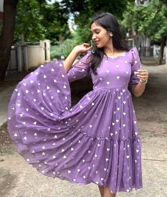 Bollywood Indian Pakistani Ethnic Party Wear Women Soft Pure Lavender Heart Georgette Midi Dress