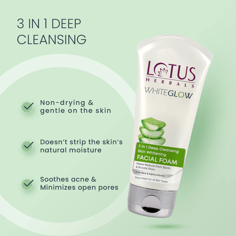 Lotus Herbals Cosmetics WhiteGlow 3 In 1 Deep Cleansing Skin Brightening Facial Foam Gel 100g