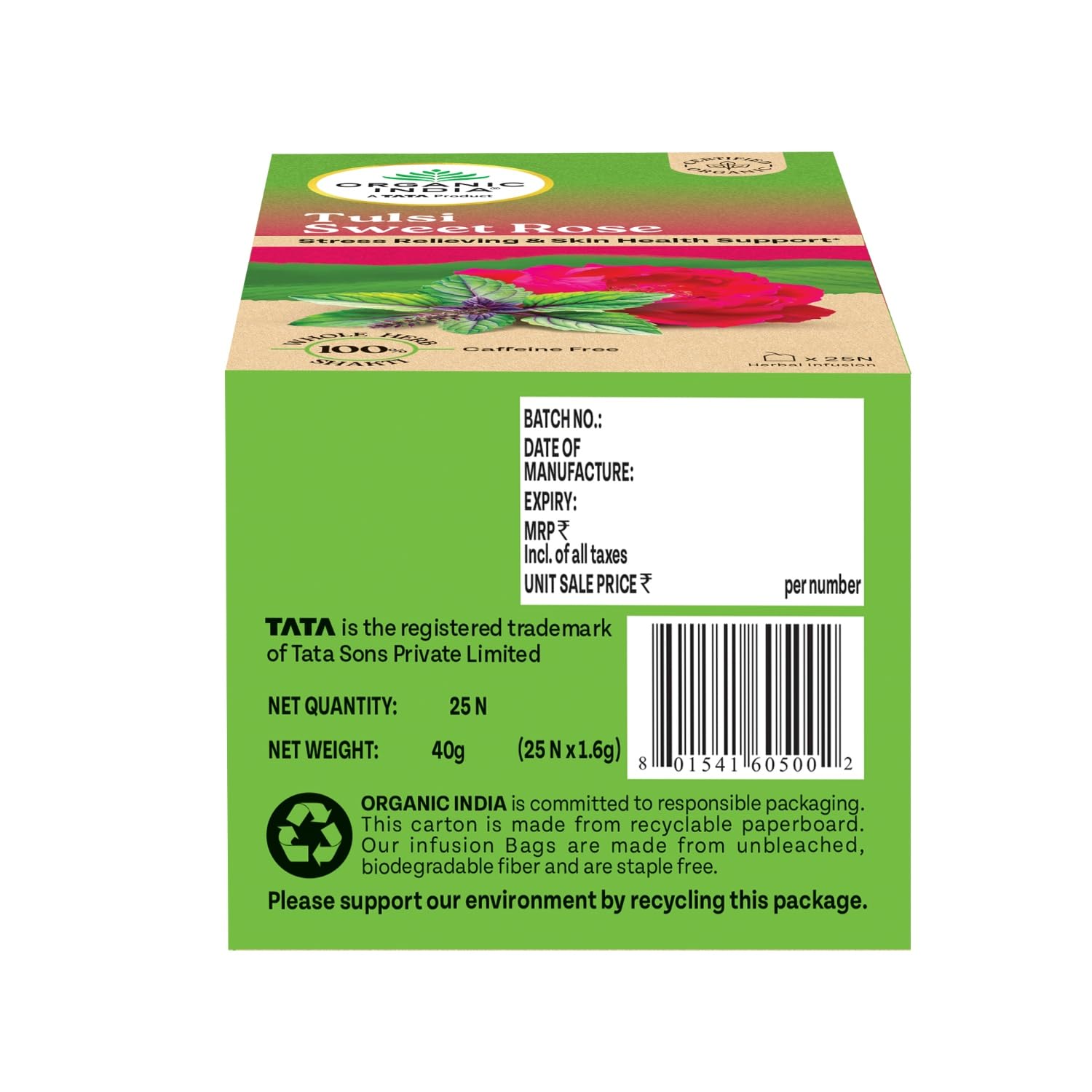 Organic India Tulsi Sweet Rose Green Tea 25 Infusion Bag