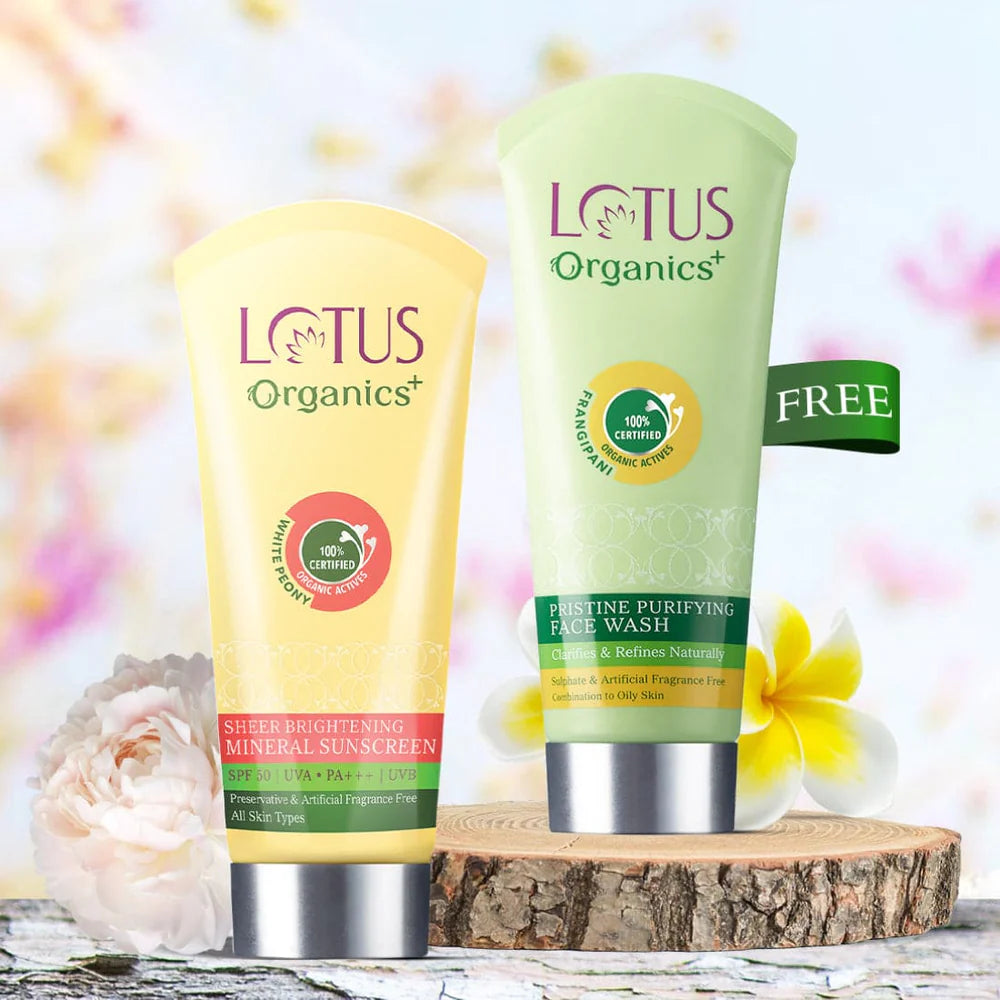 Lotus Organics+ Cosmetics Sheer Brightening Mineral Sunscreen SPF 50 and free Facewash