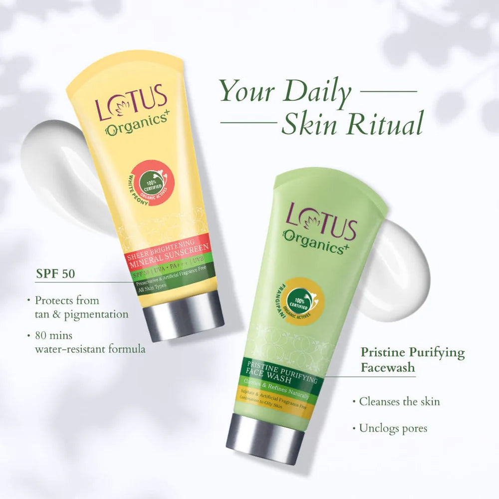 Lotus Organics+ Cosmetics Sheer Brightening Mineral Sunscreen SPF 50 and free Facewash
