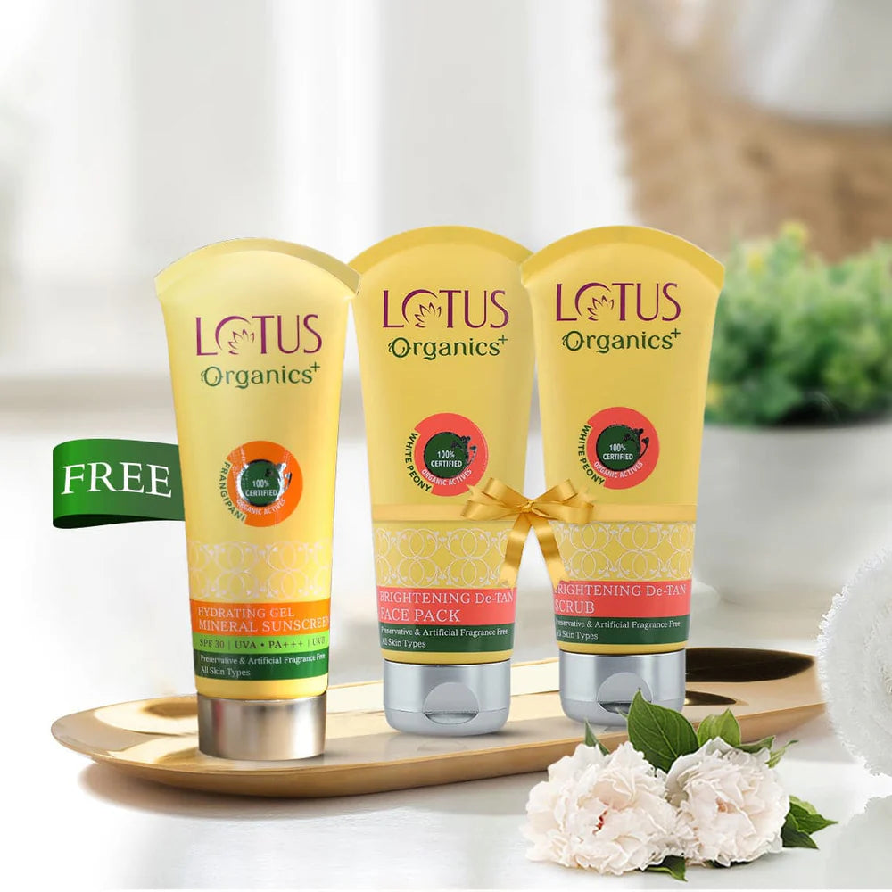 Lotus Organics+ Cosmetics Brightening De tan Kit with Free sunscreen