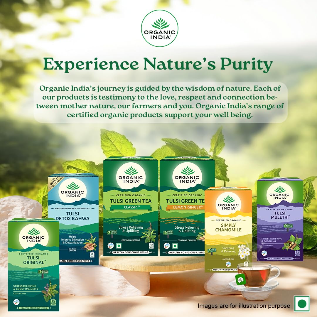 Organic India Tulsi Ginger Green Tea 25 Teabags,50 Teabgas & 100g Tin