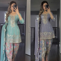 Bollywood Indische Pakistanische Ethno Party Wear Damen Weiches Reines Kunstgeorgette Top, Dhoti Salwar und Dupatta