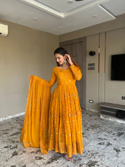 Болливудская индийская пакистанская этническая праздничная одежда, женский мягкий чистый тяжелый костюм из искусственного жоржетта Анаркали, платье