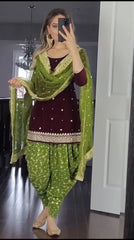 Bollywood Indische Pakistanische Ethno Party Wear Damen Weiches Reines Kunstgeorgette Top, Dhoti Salwar und Dupatta