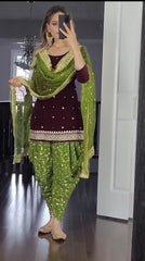 Bollywood Indische Pakistanische Ethno Party Wear Damen Weiches Reines Kunstgeorgette Top, Dhoti Salwar und Dupatta