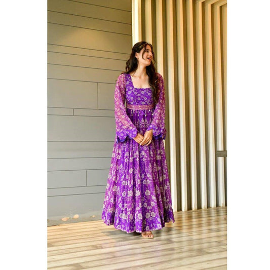 Bollywood Indian Pakistani Ethnic Party Wear Women Soft Pure Georgette Maxi With Dupatta Purple Belt Dress