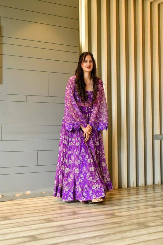 Bollywood Indian Pakistani Ethnic Party Wear Women Soft Pure Georgette Maxi With Dupatta Purple Belt Dress