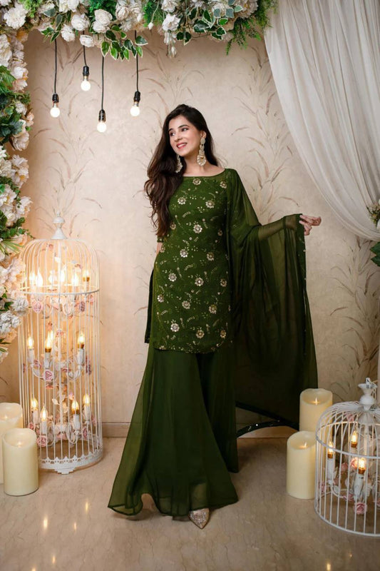 Bollywood Indische Pakistanische Ethno Party Wear Damen Weiche Reine Kunst Georgette Grün Sharara Plazzo Dupatta Set Kleid