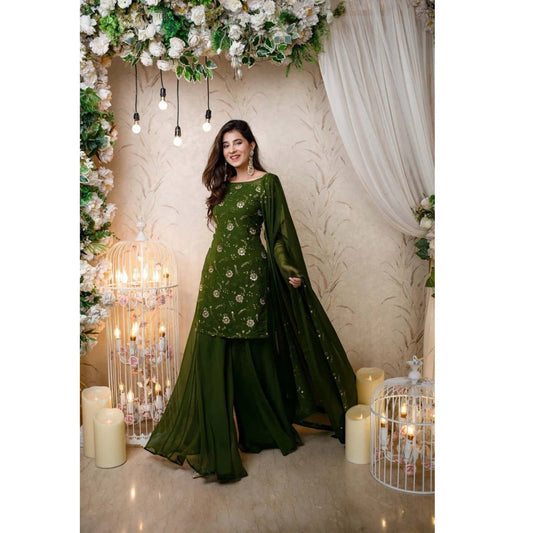 Bollywood Indische Pakistanische Ethno Party Wear Damen Weiche Reine Kunst Georgette Grün Sharara Plazzo Dupatta Set Kleid