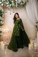 Bollywood Indische Pakistanische Ethno Party Wear Damen Weiche Reine Kunst Georgette Grün Sharara Plazzo Dupatta Set Kleid