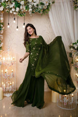 Bollywood Indische Pakistanische Ethno Party Wear Damen Weiche Reine Kunst Georgette Grün Sharara Plazzo Dupatta Set Kleid