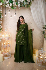 Bollywood Indische Pakistanische Ethno Party Wear Damen Weiche Reine Kunst Georgette Grün Sharara Plazzo Dupatta Set Kleid