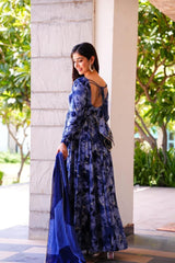 Bollywood Indian Pakistani Ethnic Party Wear Women Soft Pure Muslin Blue Suit Dress With Dupatta