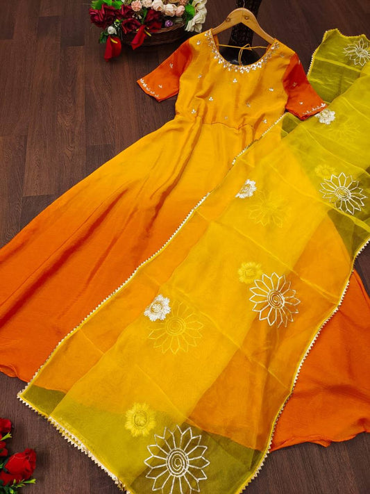 Bollywood Indian Pakistani Ethnic Party Wear Women Soft Pure Silk Two shaded Handwork Anarkali