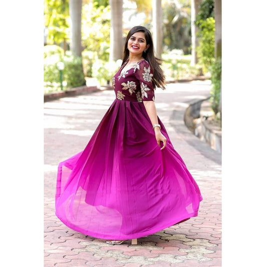 Bollywood Indian Pakistani Ethnic Party Wear Women Soft Pure Silk Double Shaded Wine Embroidery Dress