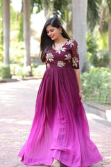 Bollywood Indian Pakistani Ethnic Party Wear Women Soft Pure Silk Double Shaded Wine Embroidery Dress