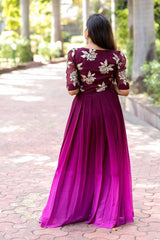 Bollywood Indian Pakistani Ethnic Party Wear Women Soft Pure Silk Double Shaded Wine Embroidery Dress