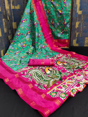 Болливудская индийская пакистанская этническая праздничная одежда для женщин из мягкого чистого шелка личи, жаккардового плетения Патта с цифровым принтом, дизайнерская работа, сари/сари/сари
