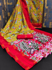 Болливудская индийская пакистанская этническая праздничная одежда для женщин из мягкого чистого шелка личи, жаккардового плетения Патта с цифровым принтом, дизайнерская работа, сари/сари/сари