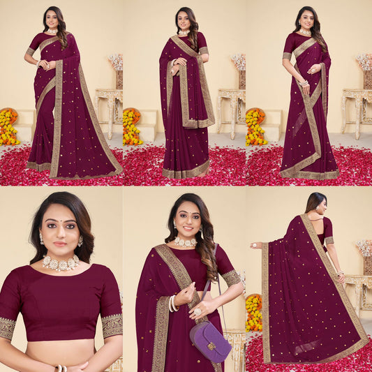 Bollywood indische pakistanische ethnische Partykleidung Frauen weiche reine Georgette mit ausgefallener Perlen-Diamantarbeit mit Jacquard-Spitzenrand Saree/Sari