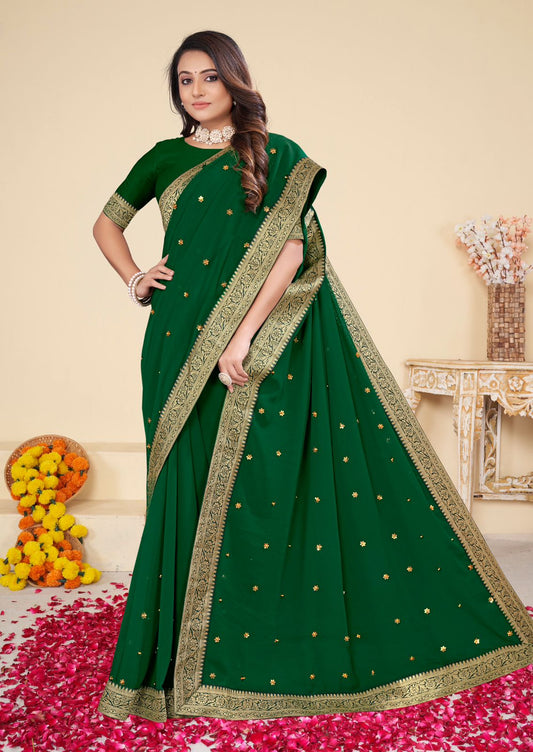 Bollywood indische pakistanische ethnische Partykleidung Frauen weiche reine Georgette mit ausgefallener Perlen-Diamantarbeit mit Jacquard-Spitzenrand Saree/Sari