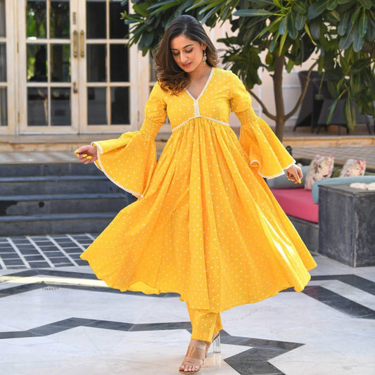 Bollywood Indian Pakistani Ethnic Party Wear Women Soft Pure Cotton Yellow Polka Dot Plazzo Dress