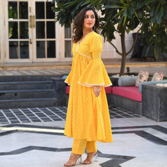 Bollywood Indian Pakistani Ethnic Party Wear Women Soft Pure Cotton Yellow Polka Dot Plazzo Dress