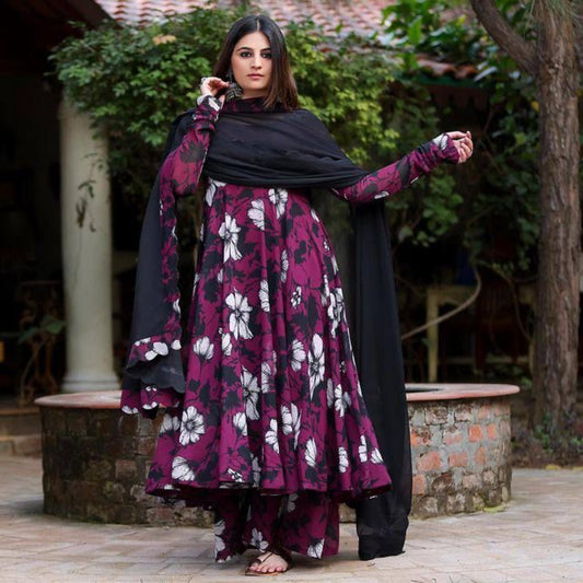 Bollywood Indian Pakistani Ethnic Party Wear Women Soft Pure Georgette Wine Floral Suit Anarkali Dress