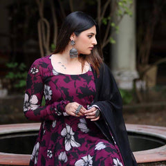 Bollywood Indische Pakistanische Ethno Party Wear Damen Weicher Reiner Georgette Weinrot Blumenanzug Anarkali Kleid