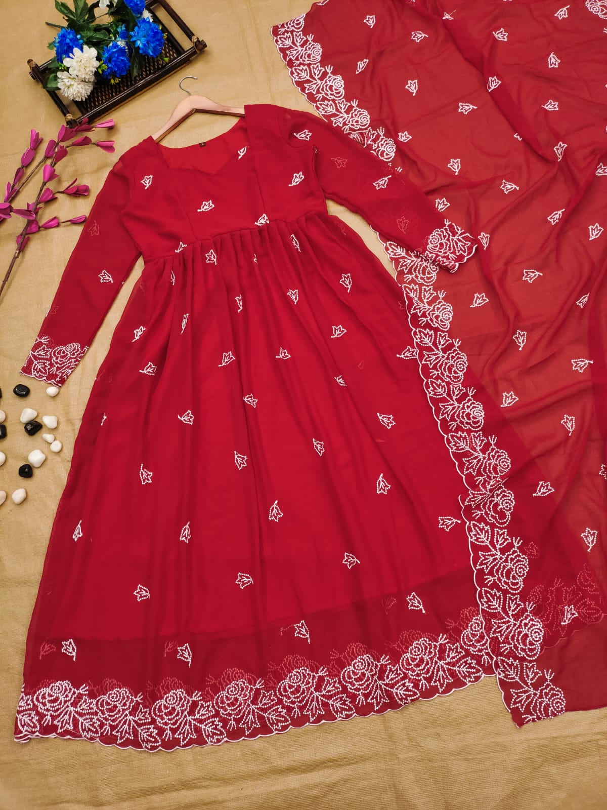 Болливудская индийская пакистанская этническая праздничная одежда для женщин мягкий чистый жоржет красный костюм платье с дупаттой