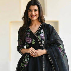 Bollywood Indian Pakistani Ethno Party Wear Damen Weicher reiner Tubby Organza Schwarz Pinselfarbe Anzug Kleid mit Dupatta